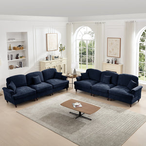 English Elm Classic Modular Sleeper Sofa With Ruffle Skirts, Flared Arms, And Movable Ottomans In Elegant Blue W3041S00259