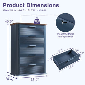 English Elm 6 Drawer Tall Fluted Chest with Waveform Fronts Slim Wooden Storage for Modern Bedroom Navy Blue T5326P425093