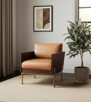 HomeRoots 31" Brown Top Grain Leather Arm Chair with Solid Mango Wood Frame - Stylish Comfort for Any Space 491261