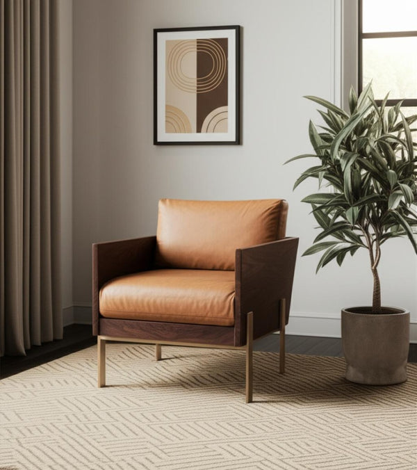 HomeRoots 31" Brown Top Grain Leather Arm Chair with Solid Mango Wood Frame - Stylish Comfort for Any Space 491261