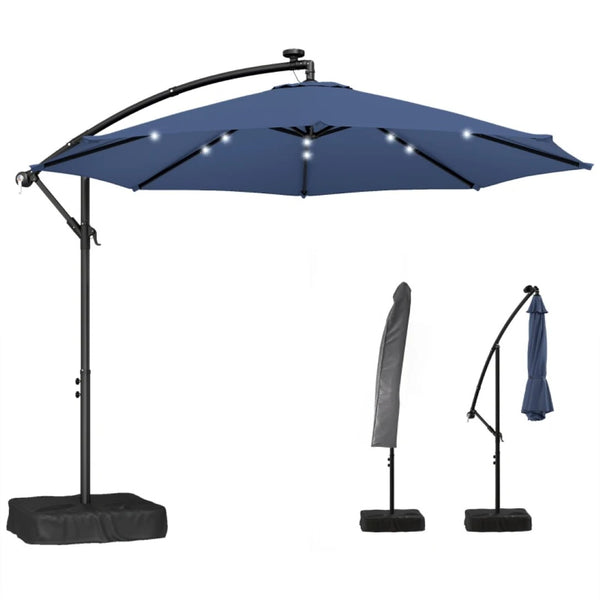 English Elm Garden Cantilever Patio Umbrella with Solar Led Lights and Upf30 Polyester Canopy Dark Blue T3971P481973