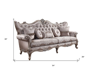 Homeroots 94" Dark Gray Imitation Silk Damask Sofa And Toss Pillows With Champagne Legs   491281