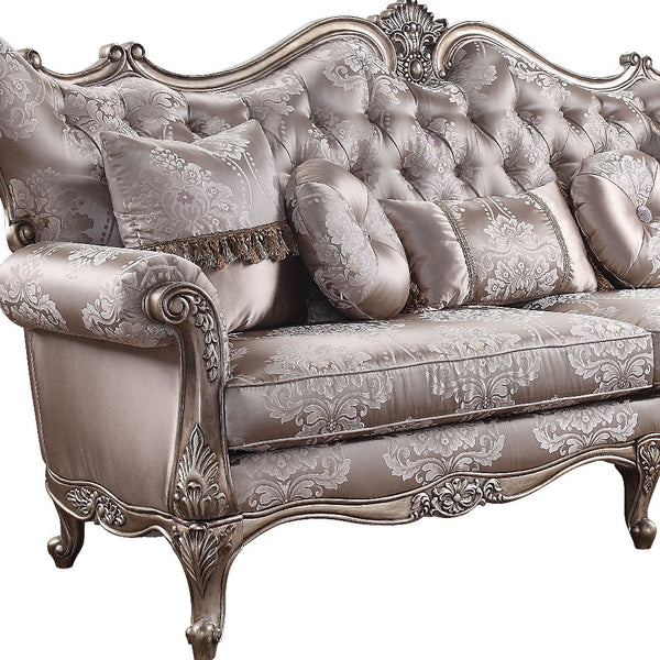 Homeroots 94" Dark Gray Imitation Silk Damask Sofa And Toss Pillows With Champagne Legs   491281