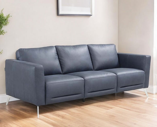Homeroots 85" Blue Leather Sofa With Black Legs   491289