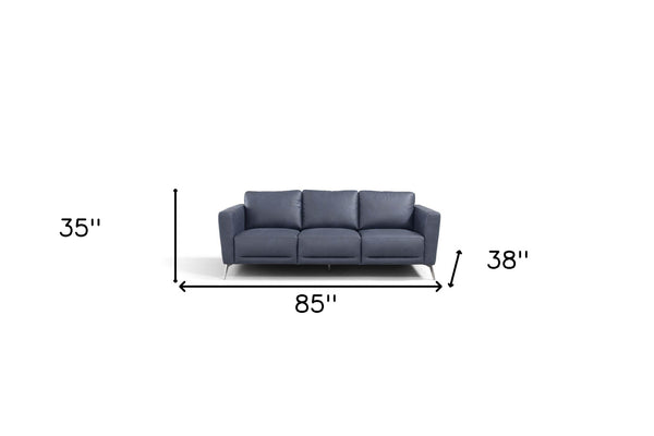 Homeroots 85" Blue Leather Sofa With Black Legs   491289