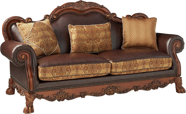 HomeRoots 89 Inch Chenille and Faux Leather Damask Sofa with Decorative Toss Pillows Included 491299