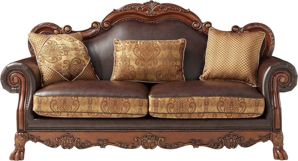 HomeRoots 89 Inch Chenille and Faux Leather Damask Sofa with Decorative Toss Pillows Included 491299