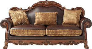 89 Inch Chenille and Faux Leather Damask Sofa with Decorative Toss Pillows Included