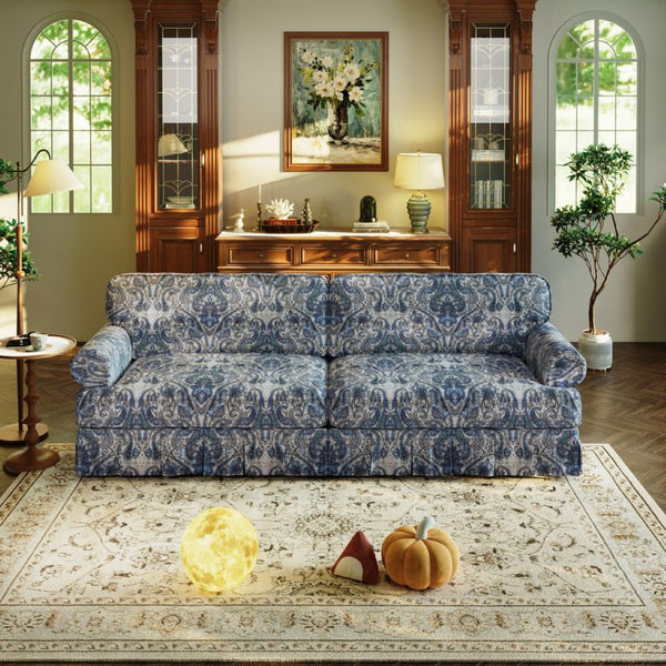 English Elm Luxuriously Deep Chenille Sofa with Pleated Skirt and Rolled Arms for Living Rooms Blue Floral W1885S00295