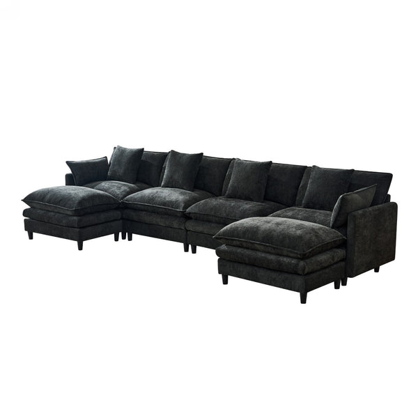 English Elm 140.9-inch U-shaped Modular Sectional Sofa with Ottomans Chenille Cloud Cushions Black W288S00030