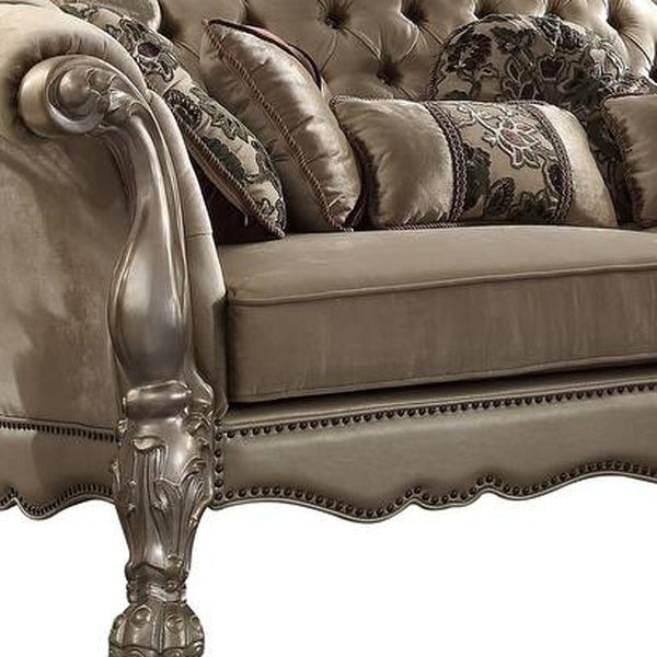 Homeroots 96" Bone Velvet Sofa And Toss Pillows With Gold Legs   491303