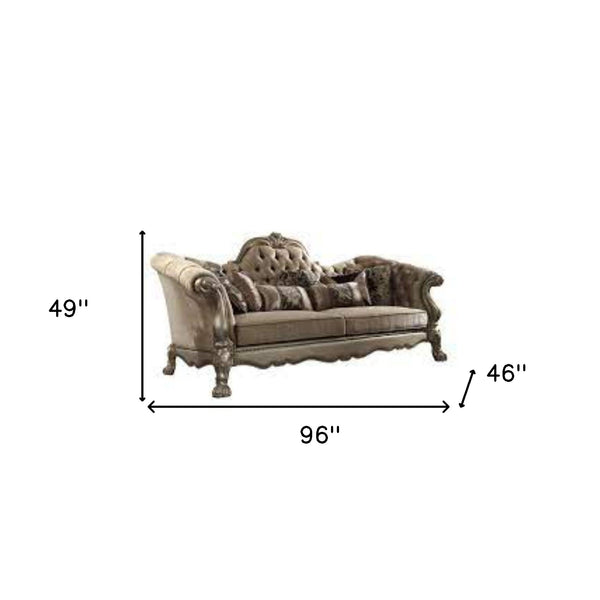 Homeroots 96" Bone Velvet Sofa And Toss Pillows With Gold Legs   491303