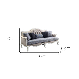 Homeroots 88" Cream Linen Damask Sofa And Toss Pillows With White Legs   491311