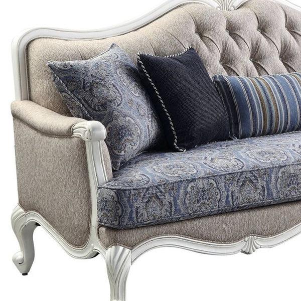 Homeroots 88" Cream Linen Damask Sofa And Toss Pillows With White Legs   491311