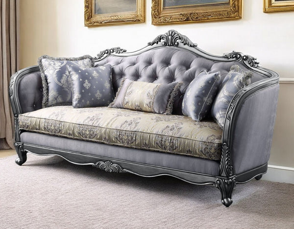 Homeroots 89" Platinum Imitation Silk Damask Sofa And Toss Pillows   491319
