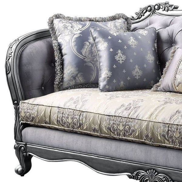 Homeroots 89" Platinum Imitation Silk Damask Sofa And Toss Pillows   491319