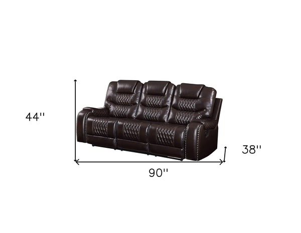 Homeroots 90" Brown Faux Leather Reclining Sofa With Black Legs   491320