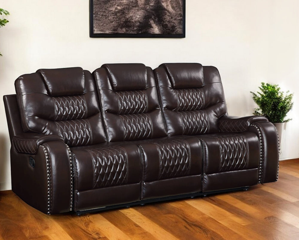 Homeroots 90" Brown Faux Leather Reclining Sofa With Black Legs   491320