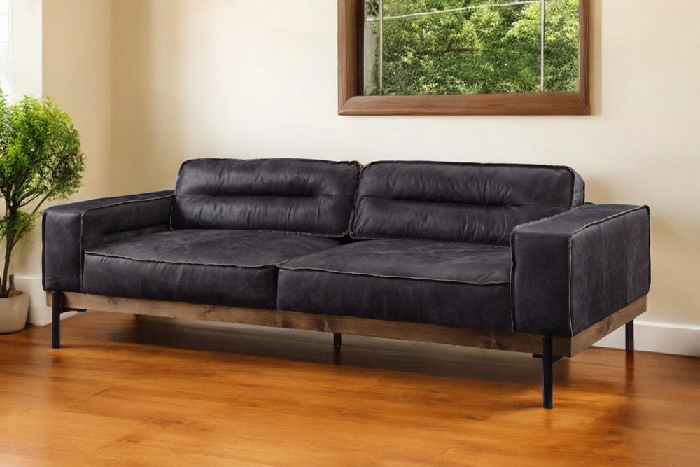 Homeroots 96" Ebony Top Grain Leather Sofa With Black Legs   491325