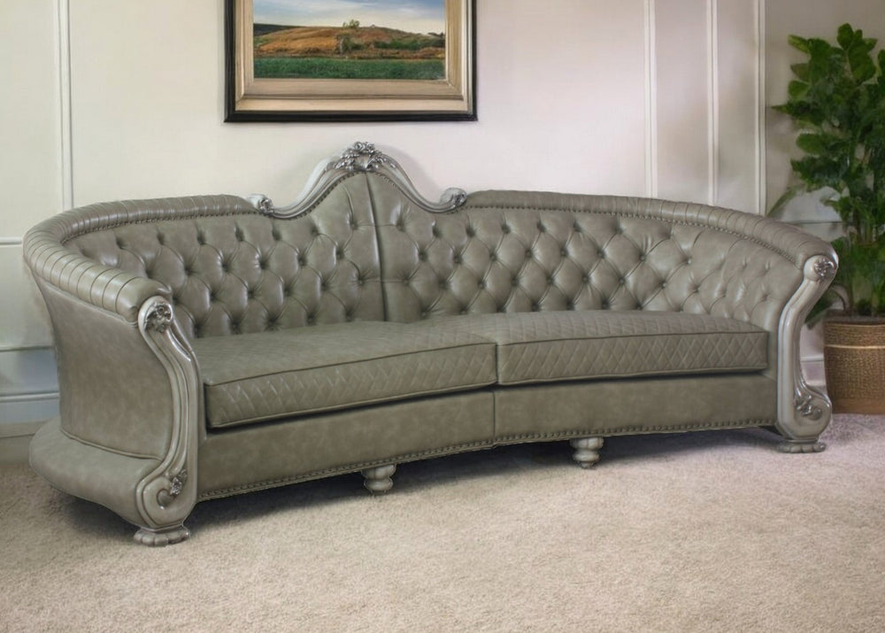 Homeroots 113" Bone Faux Leather Sofa And Toss Pillows With White Legs   491333