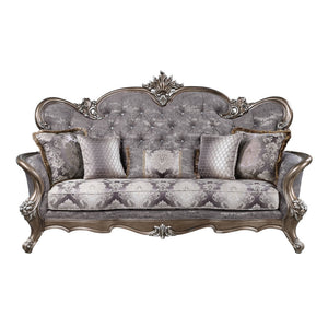 Homeroots 90" White Cotton Blend Damask Sofa And Toss Pillows With Bronze Legs   491341