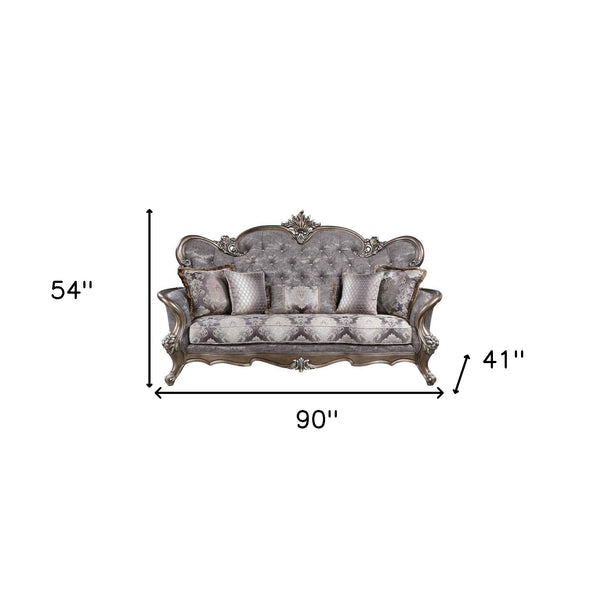 Homeroots 90" White Cotton Blend Damask Sofa And Toss Pillows With Bronze Legs   491341