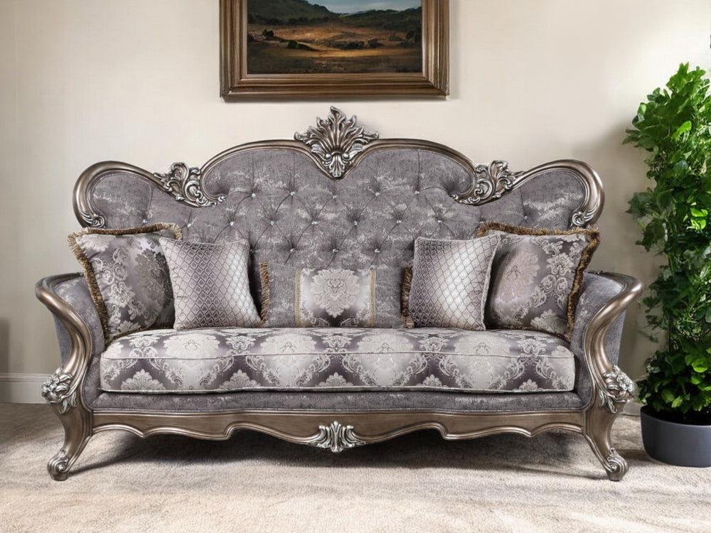 Homeroots 90" White Cotton Blend Damask Sofa And Toss Pillows With Bronze Legs   491341