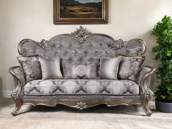 Homeroots 90" White Cotton Blend Damask Sofa And Toss Pillows With Bronze Legs   491341