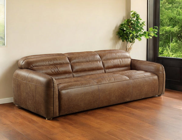 Homeroots 95" Dark Brown Top Grain Leather Sofa With Black Legs   491345