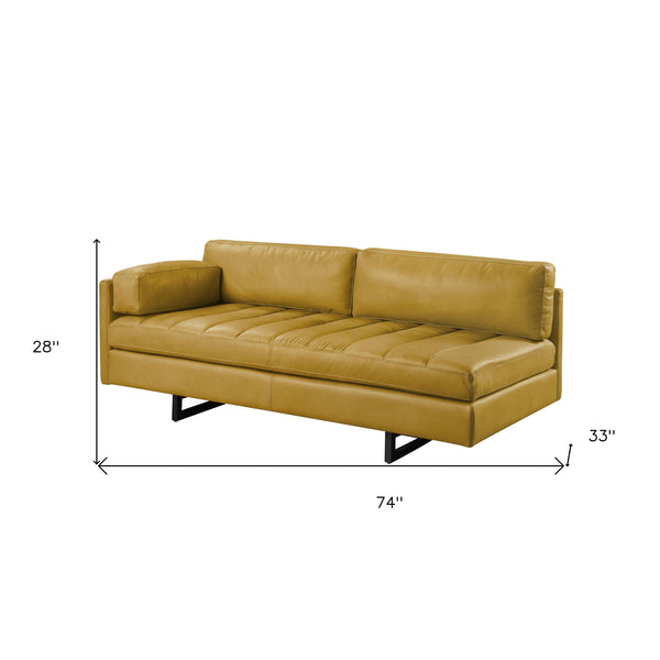 Homeroots 74" Mustard Top Grain Leather Sofa With Black Legs   491347