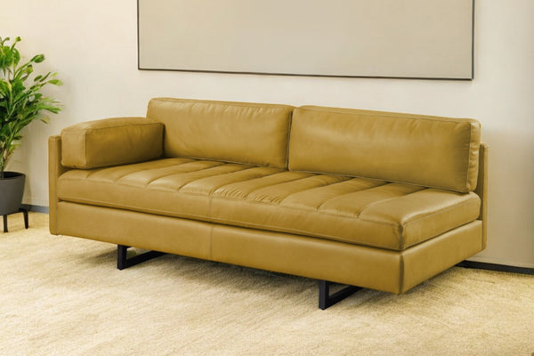 Homeroots 74" Mustard Top Grain Leather Sofa With Black Legs   491347