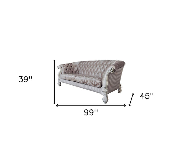 Homeroots 99" Ivory Velvet Damask Sofa And Toss Pillows With Bone Legs   491349