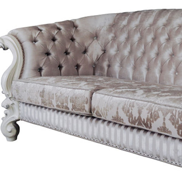 Homeroots 99" Ivory Velvet Damask Sofa And Toss Pillows With Bone Legs   491349