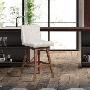 Homeroots 30" Beige And Wood Brown Solid Wood Bar Height Swivel Bar Chair   491362