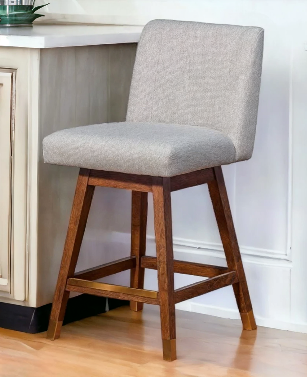 Homeroots 26" Taupe And Brown Solid Wood Counter Height Swivel Bar Chair   491363