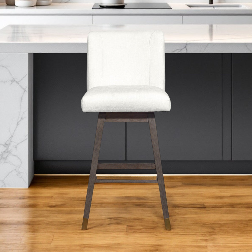 Homeroots 30" Pearl And Gray Upholstered And Solid Wood Bar Height Swivel Bar Chair   491366