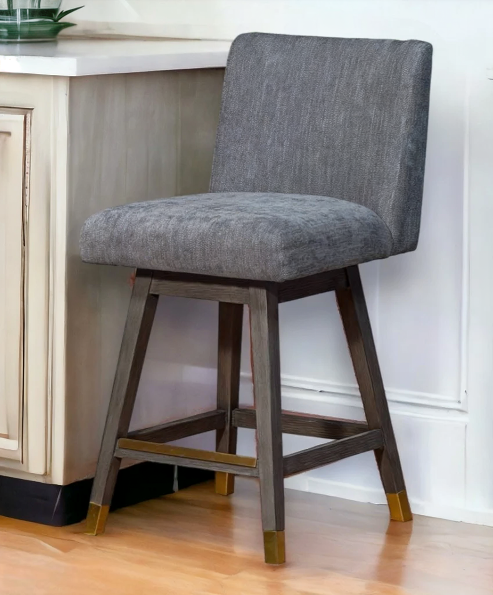 Homeroots 26" Gray And Wood Brown Solid Wood Counter Height Swivel Bar Chair   491367