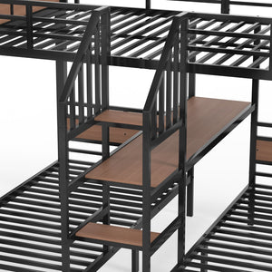 English Elm Full Xl Over Twin Triple Metal Bunk Bed with Storage Stairs and Shelves Black W1580S00546