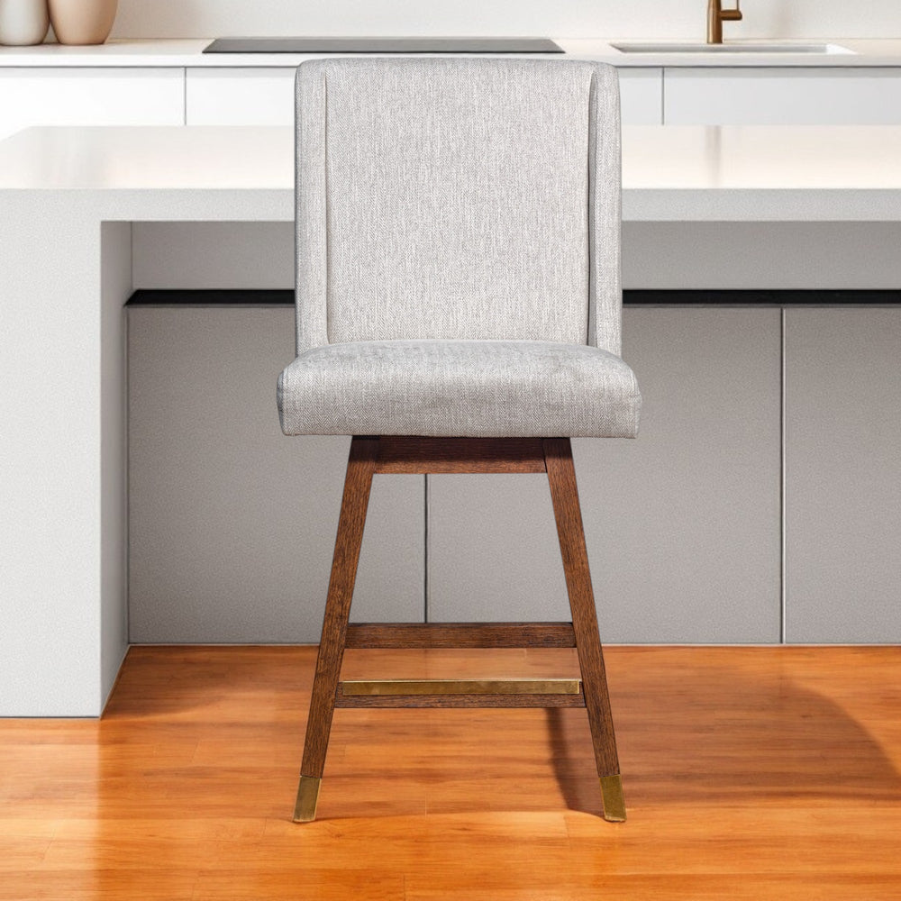 Homeroots 26" Beige And Brown Fabric And Solid Wood Counter Height Swivel Bar Chair   491375