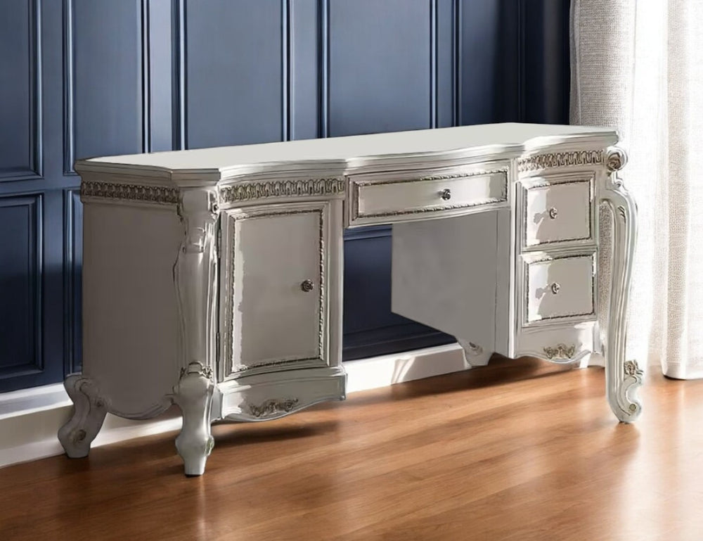 HomeRoots 62" Pearl Wood Vanity Table - Elegant Design with 3 Drawers for Organized Beauty Essentials & Style 491378