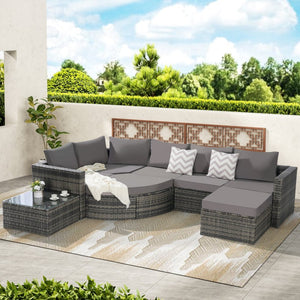 English Elm 8 Piece Outdoor Wicker Sectional Set with Curved Sofa Ottoman and Tempered Glass Table Dark Gray W874S00040