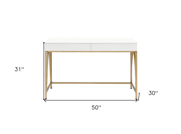 Homeroots 50" White And Gold Writing Desk With Two Drawers   491422