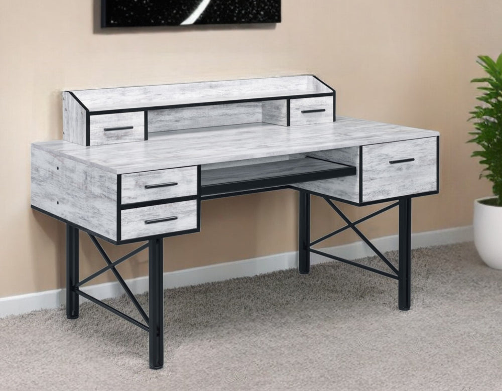 Homeroots 59" Antiqued White And Black Computer Desk With Five Drawers   491441