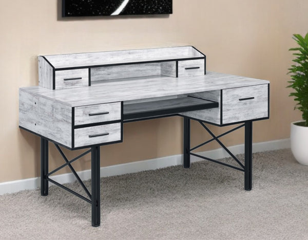 Homeroots 59" Antiqued White And Black Computer Desk With Five Drawers   491441