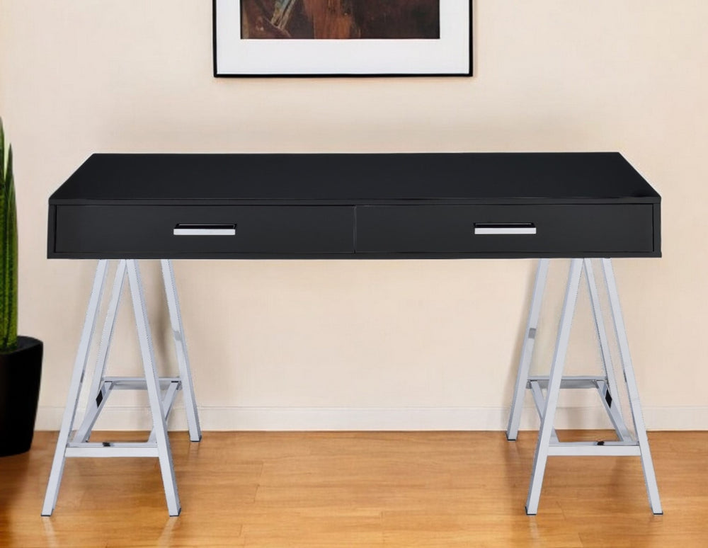 Homeroots 54" Black And Silver Writing Desk With Two Drawers   491474