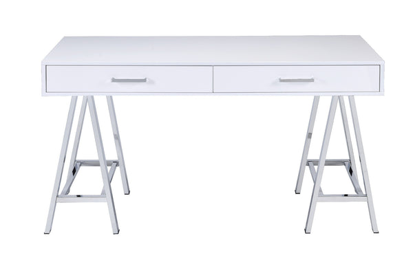 Homeroots 54" White And Silver Writing Desk With Two Drawers   491475