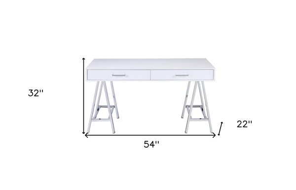 Homeroots 54" White And Silver Writing Desk With Two Drawers   491475