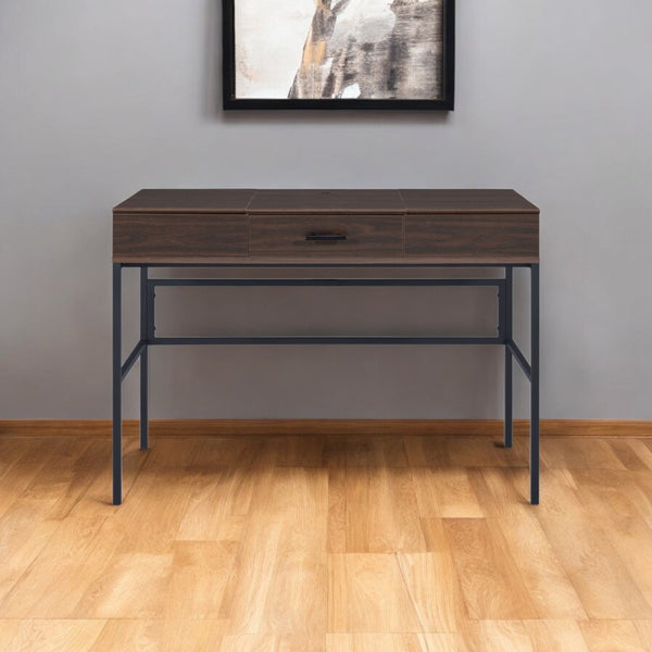 HomeRoots 42" Brown and Black Writing Desk - Versatile Compact Workspace with USB Charging & Storage Drawer 491479