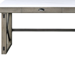 Homeroots 67" White And Brown Marble L Shape Writing Desk   491525