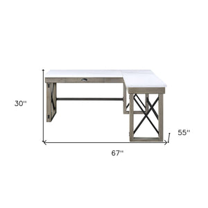 Homeroots 67" White And Brown Marble L Shape Writing Desk   491525
